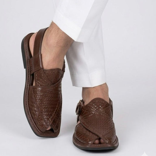 Premium Handcrafted Pure Leather Peshawari Chappal – Classic Brown